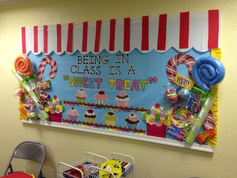 Being in Class is a Sweet Treat! Church or Classroom bulletin board idea. Candy Classroom Decorations, Candyland Bulletin Board Ideas Schools, Sweet Treat Classroom Theme, Learning Is Sweet Classroom Theme, Sweet Shop Classroom Theme, Candy Land Bulletin Board Ideas, Sweet Bulletin Board Ideas, Candy Themed Classroom Ideas, Candy Theme Bulletin Board Ideas