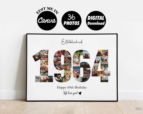 EDITABLE Custom 1964 Collage, 60th birthday Photo collage print template, Photo Collage Gift, Number Collage, DIGITAL by raindropprints on Etsy Number Collage, Photo Collage Prints, Birthday Photo Collage, Collage Foto, Photo Collage Gift, Birthday Collage, Photo Collage Template, Collage Template, 30th Birthday Gifts