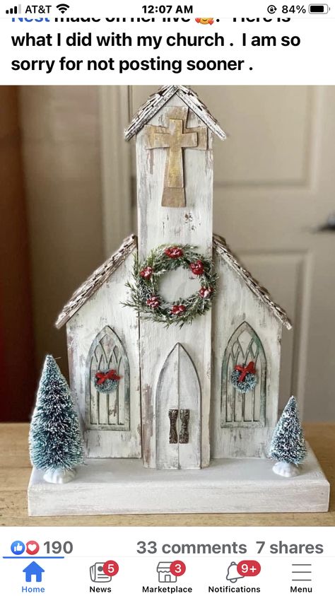 Diy Wood Christmas Village, Wooden Churches Diy, Wooden Churches Craft Diy, Wooden Church Diy, Wooden Churches Craft, Wood Christmas Village, Wood Crafts Christmas, Country Churches, Scrap Wood Crafts