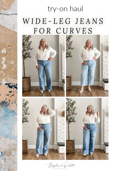 Wide Leg Jean Plus Size Outfit, Style Wide Leg Jeans Plus Size, Plus Size Wide Leg Jeans Outfit Fall, How To Style Wide Leg Jeans Plus Size, Wide Leg Jeans For Curvy Women, Curvy Wide Leg Jeans Outfit, Wide Leg Plus Size Outfit, Wide Leg Jeans For Short Women, Plus Size Straight Leg Jeans Outfits