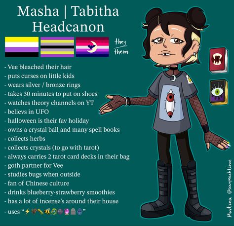 Vee Toh Headcanons, Masha Toh Redesign, Toh Vee X Masha, Owl House Headcanons Redesigns, Masha Owl House, Vee And Masha, Oc Name Generator, Random Headcanons, Miles Morals