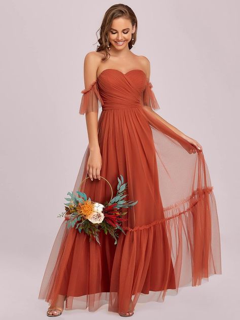 Women's Off-Shoulder Long Ruched Tulle Evening Dresses 50126 Burnt Orange Ball Gowns, Classic Wedding Guest Dress, Stain Dress, Light Pink Bridesmaid Dresses, Burnt Orange Bridesmaid Dresses, Bridal Maxi Dress, Short White Dress Wedding, Pretty Bridesmaid Dresses, Orange Bridesmaid