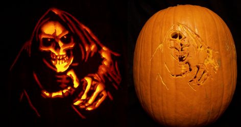 Grim Reaper Pumpkin by Kamose Grim Reaper Pumpkin Carving, Reaper Pumpkin Carving, Scary Pumpkin Carving Patterns, Grim Reaper Scythe, Awesome Pumpkin Carvings, Carving Tutorial, Halloween Pumpkin Stencils, Halloween Pumpkin Carving Stencils, Creepy Faces