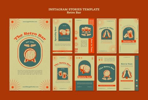 Retro bar instagram storeis design templ... | Free Psd #Freepik #freepsd #instagram-story-template #instagram-story #story #social-media-stories Logo Design Set, Retro Cafe, Retro Graphic Design, Vintage Menu, Retro Bar, Publication Design, Instagram Feed Ideas, Beer Bar, Layout Template