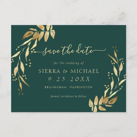 $1.95 | Elegant Emerald Green Golden Foliage Save the Date #save the date, wedding, modern, elegant, gold, emerald green, chic, foliage, greenery, trendy Wedding Modern Elegant, Emerald Green Wedding Theme, Online Invitation Card, Gold Save The Dates, Wedding Invitation Trends, Postcard Wedding Invitation, Green Themed Wedding, Emerald Green Weddings, Date Invitation