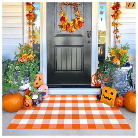 PRICES MAY VARY. 【THICKER & HEAVIER】KILOCOCO Halloween doormat is made of high-quality cotton that is soft and comfortable to touch. 20% thicker and heavier than other commonly available buffalo plaid rug. Made to the highest standards, environmental protection fabric, hand-woven, no loosing or rolled edge, not fade, thick and built to last for a long time. 【PERFECT SIZE 】Our fall doormat is perfect for layered door mats. Go pair this porch rug with a hello front door mat to create cute welcomin Buffalo Plaid Rug, Porche Halloween, Door Mat Outdoor, Fall Doormat, Plaid Rug, Halloween Front Porch Decor, Farmhouse Entryway, Porch Rug, Front Door Mat