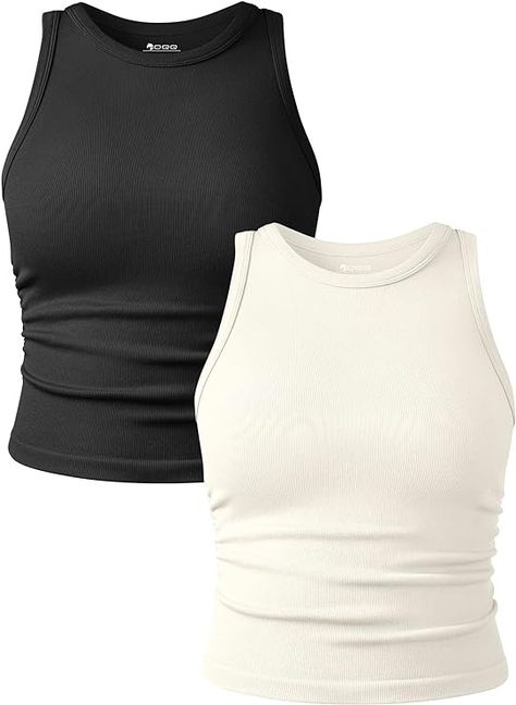 OQQ Women's 2 Piece Tank Tops Crew Neck Sleeveless Basic Stretch Casusal Yoga Crop Camis Black Beige at Amazon Women’s Clothing store Christian Modest Outfits, Girls Streetwear, Modest Outfit Ideas, Lazy Day Outfit, Basic T Shirts, Slim Fit Top, Black Camis, Cropped Cami, Neutral Outfit