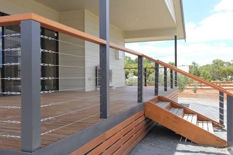 How to install a wire balustrade for patio? Wire Balustrade, Steel Balustrade, Patio Railing, Deck Railing Design, Steel Pergola, Living Fence, Patio Deck Designs, Front Yard Fence, Fence Lighting