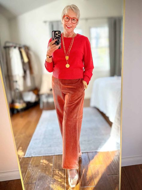 Susan B. wears a red cashmere sweater, gold and crystal pendant necklaces, wide leg corduroy pants, gold slingback shoes. Holiday Outfits Over 50, Fall Outfits For Dinner, Outfits With Jeans And Sneakers, Casual Outfits Over 50, Fall Outfits For Petite Women, Holiday Outfit Ideas For Women, Casual Beach Vacation Outfits, Fall Outfits With Jeans, Outfits For Petite Women