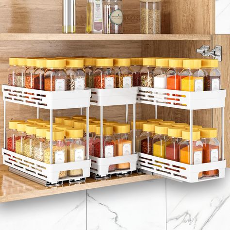 PRICES MAY VARY. [Perfect Cabinet Spice Organizer Solution] - 3 pcs pull out spice rack organizer for cabinet is the perfect solution to organize your cabinet. Slide out spice rack organizers size 4.33''W x 10.40''D x 8.50''H(cabinet needs at least 12'' high), which are great for utilizing tight spaces & narrow cabinets. As a must-have for spice storage, they can hold the various size & different shapes of spices. Pull out the spcie rack, find the seasoning you want. Each tier can hold 10 small Small Space Spice Organization, Spice Organizer Cabinet, Small Cabinet Spice Organization, Small Cupboard Spice Storage, Under Cabinet Spice Storage, Spice Organization For Small Cabinet, Organized Spice Cabinet, Spice Rack Countertop, Large Spice Storage