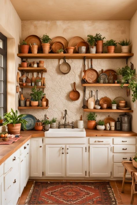 45 Gorgeous Boho Kitchen Ideas That Will Make Your Jaw Drop – The Crafty Hacks Bohemian Kitchen Aesthetic, Spanish Boho Kitchen, Western Boho Kitchen, Italian Kitchen Aesthetic, Boho Home Ideas, Eclectic Dinnerware, Boho Kitchen Curtains, Easy Kitchen Renovations, Boho Farmhouse Kitchen