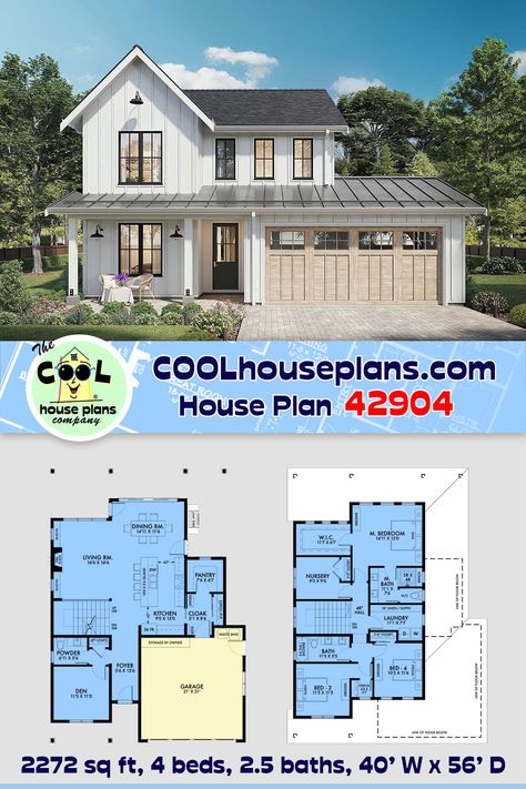 Beautiful 2-story modern farmhouse plan combines timeless aesthetics with modern country living. Open concept living room, kitchen, dining area plus den on the main floor. 4 bedrooms with 2 full baths and family sized laundry upstairs. The unfinished basement adds another 1,073 SF of developable area with 2 extra bedrooms, 1 extra bath, recreation area and storage. #Farmhouseliving #farmhouse #countryhouseplan 4 Bed 2.5 Bath House Plans 2 Story, 2 Storey Farmhouse Design, Two Story Floor Plans 4 Bedroom, Modern Farmhouse 4 Bedroom, 2 Story 4 Bedroom House Plans, Farmhouse 2 Story, 4 Bedroom House Plans 2 Story, Farmhouse Layout Floor Plans, 2 Story Floor Plans