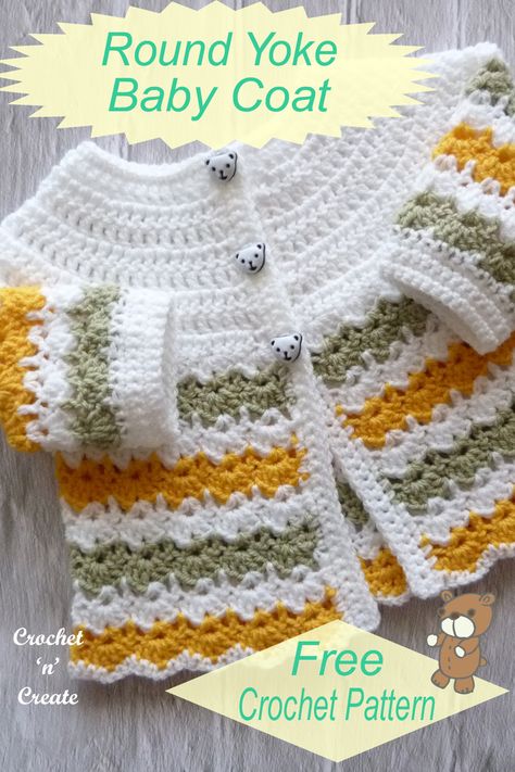 Round yoke baby coat, easy stitches and quick to make. FREE CROCHET PATTERN. #crochetbabycoat #crochetbabysweater #crochetbabycardigan #crochetforbaby Crochet Baby Jacket Free Pattern, Crochet Baby Cardigan Free Pattern, Jaket Crochet, Baby Jackets Pattern, Baby Jackets, Crochet Baby Sweater Pattern, Crochet Baby Jacket, Crochet Baby Sweaters, Baby Cardigan Pattern