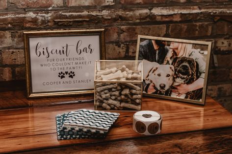 A biscuit bar for dogs at a wedding at Salvage One in Chicago. Dog bar. Dogs in wedding. Dog Bar At Wedding, Dog Table Wedding, Dog Memorial Wedding, Pet Memorial At Wedding, In Memory Of Dog At Wedding, Dog Bar Wedding, Pet Ideas For Wedding, Wedding Biscuit Bar, Dog Treats At Wedding