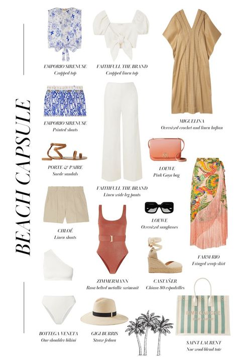 Your guide to curating the perfect beach vacation capsule wardrobe: the 15 essentials and some outfits that you can create through those. French Riviera Capsule Wardrobe, Resort Capsule Wardrobe, Beach Vacation Capsule Wardrobe, Capsules Wardrobe, Beach Capsule Wardrobe, Riviera Fashion, Vacation Capsule Wardrobe, Vacay Fits, Mexico Vacation Outfits