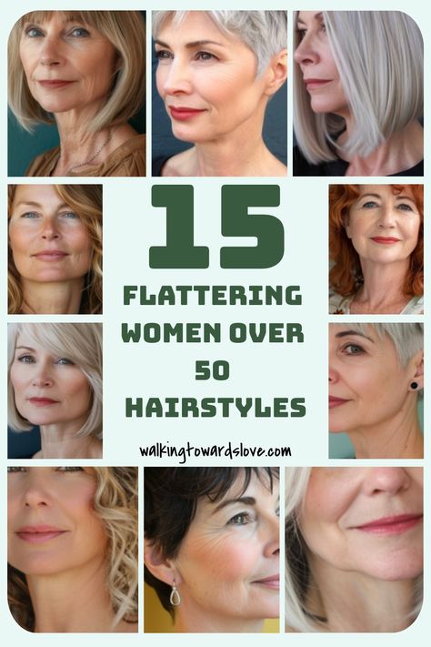 Collage of hairstyles for women over 50 with diverse haircuts and colors. Text reads "15 Flattering Women Over 50 Hairstyles". Cute Hair For 50 Year Old Women, Flip Haircuts Over 50, Medium Haircut For Older Women, Best Haircuts For 50 Year Old Women, Hairstyles 55 And Over, Hairstyles At 50, Current Hairstyles Over 50, 50 Something Hairstyles, Womens Hair Styles Over 50