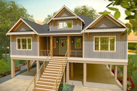 Waterfront House Plans Coastal Homes, Old Florida Architecture, Elevated House Plans Modern Farmhouse, Addition On Stilts, Cabin On Stilts House Plans, Small Elevated House Plans, Lake House On Stilts, House On Stilts Plans, Stilt House Plans Coastal Homes