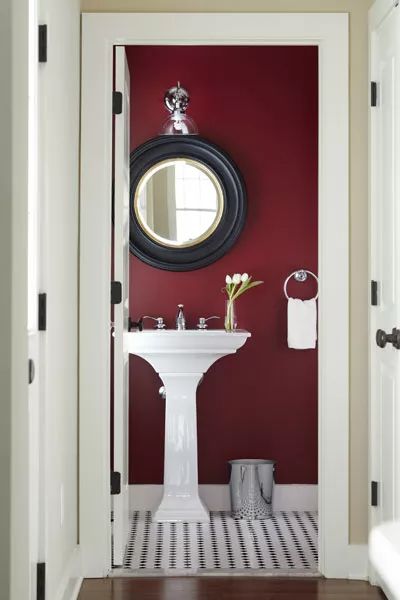 Half Baths Full of Style - This Old House/use a colored primer, 3 coats for top coat to achieve rich color Burgundy Bathroom, Bathroom Color Schemes, Bathroom Red, Bathroom Paint Colors, Bathroom Color, Room Color Schemes, Trendy Bathroom, Bath Room, Bathroom Wallpaper