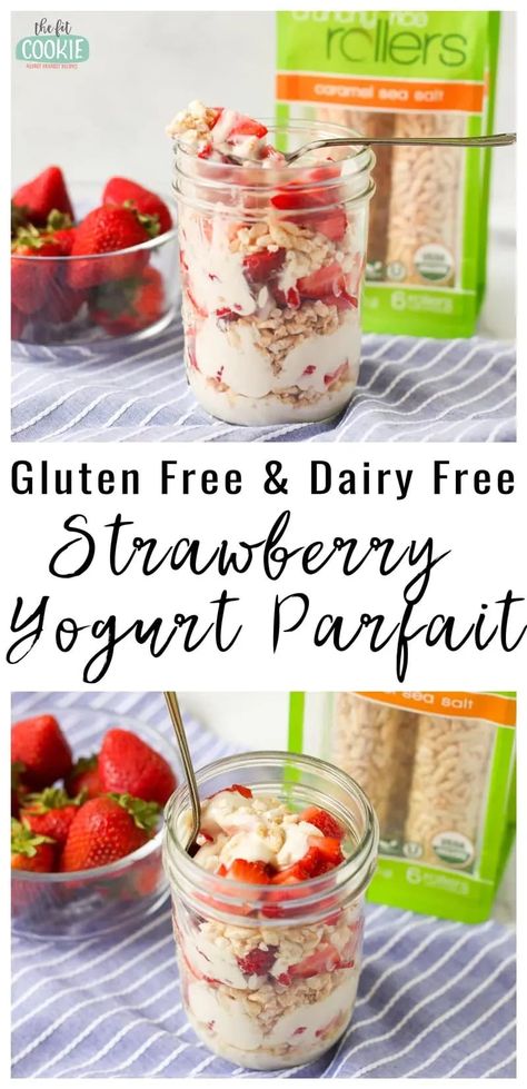 Looking for an easy breakfast idea for busy mornings or an after school snack? Try this allergy friendly Strawberry Yogurt Parfait! It's gluten free, dairy free, and peanut free | #ad thefitcookie.com #glutenfree #dairyfree #allergyfriendly #backtoschool Strawberry Yogurt Parfait, Low Sugar Yogurt, Sugar Free Yogurt, Dairy Free Breastfeeding, Team Snacks, Dairy Free Snacks, Parfait Breakfast, Dairy Free Dinner, Dairy Free Breakfasts