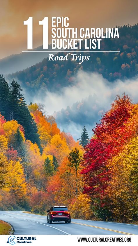 A car driving along a winding road through a vibrant autumn forest, capturing the scenic beauty perfect for 11 Epic South Carolina Bucket List Road Trips. Fun Road Trip Ideas, Weekend Getaways In The South, Day Trips From Denver, Botany Bay, Best Weekend Getaways, Trip Destinations, Pawleys Island, Usa Road Trip, Road Trip Destinations