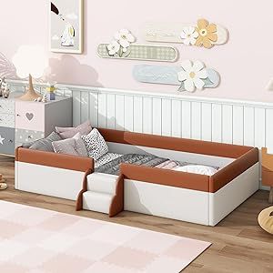 Merax Twin Size Kids Floor Bed, Upholstered Kids Daybed Frame with Fence and Stairs, Wood Bed for Living Room, White+Brown Kids Floor Bed, Leather Daybed, Montessori Floor Bed, Floor Bed Frame, Daybed Frame, Decorative Fence, Daybed Bedding, Kids Flooring, Upholstered Daybed