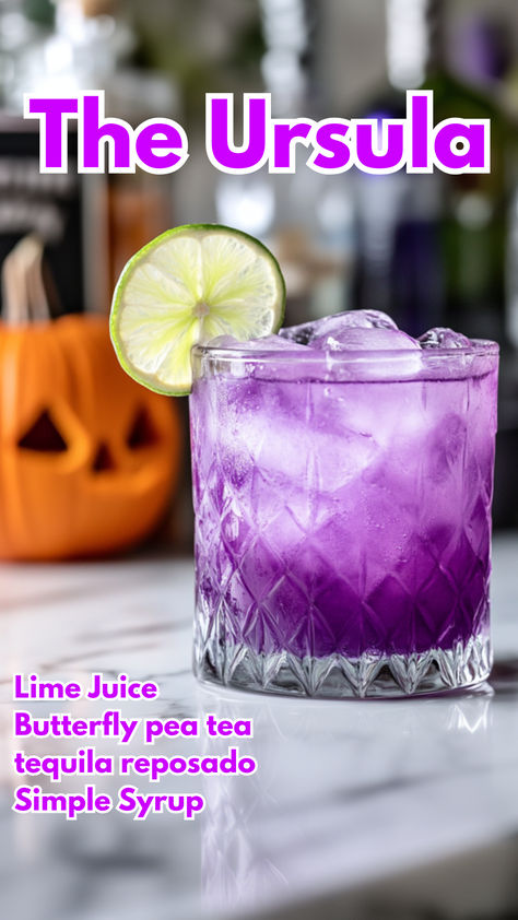 The Ursula Ursula Cocktail, Boozy Recipes, Spooky Cocktails, Cocktail Cards, Cocktail Party Drinks, Purple Cocktails, Butterfly Pea Tea, Cocktail And Mocktail, Tequila Drinks