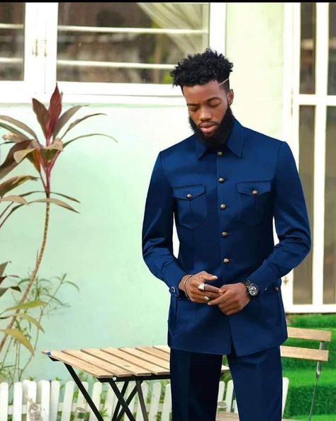 Prom Wear For Guys, Blue Tuxedo Wedding, Navy Blue Fashion, Costume Africain, Blazer Outfits Men, Nigerian Men Fashion, Stand Collar Coat, Blue Suit Men, African Wear Styles For Men