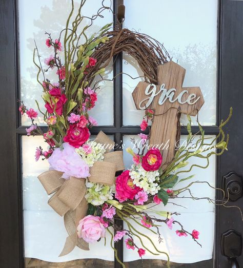 Wreath With Cross, Oval Grapevine Wreath, Oval Wreath, Mailbox Wraps, Vine Wreath, Farmhouse Crafts, Spring Door Wreaths, Easter Floral, Spring Door