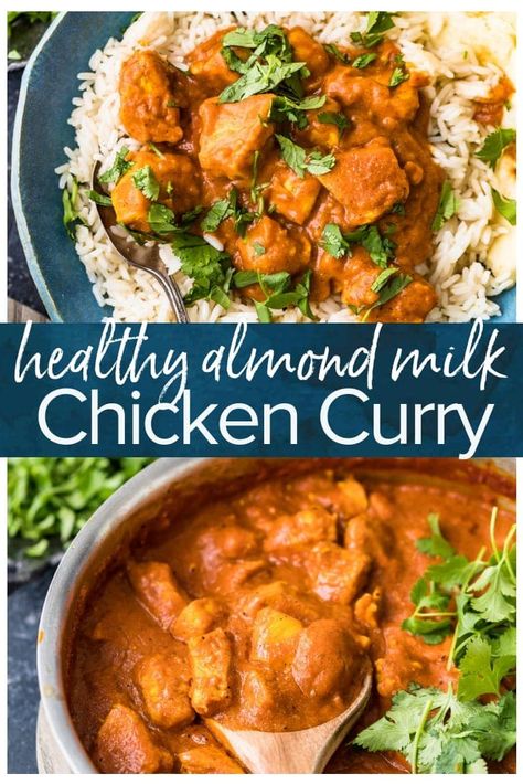 This tasty Almond Milk Chicken Curry is a perfect healthy weeknight meal that the whole family will love! This easy to make recipe is packed full of flavor and mild in spice. Made with almond milk for a creamy chicken curry that is dairy and gluten-free. Dairy Free Curry Chicken, Gluten Free Chicken Curry Recipes, Almond Milk Gluten Free Recipes, Almond Milk Chicken Recipes, Chicken Curry Dairy Free, Healthy Chicken Curry Clean Eating, Recipes With Almond Milk Dinner, Chicken Recipes Without Dairy, Dairy Free Curry Recipes