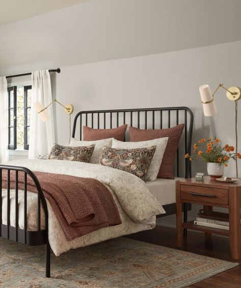 Black Iron Beds, Earth Tone Bedroom, Black Metal Bed Frame, Colorful Room Decor, Earth Month, Paint Color Ideas, Iron Bed Frame, Spring Bedroom, Guest Bedroom Decor