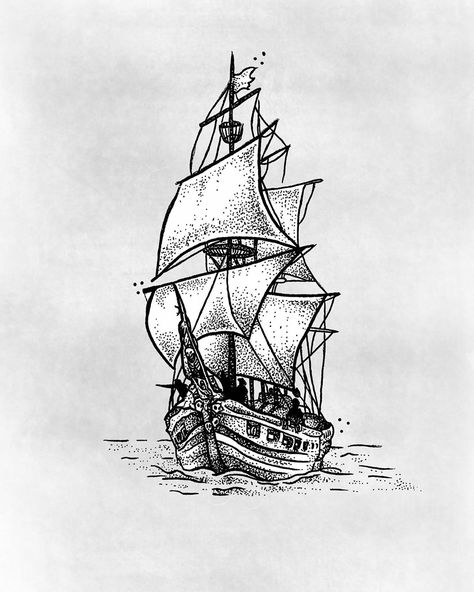 Pirate sailor ship tattoo design idea blackwork dotwork sea Ship Tattoo Stencil, Pirate Ship Tattoo Drawing, Ship Tattoo Design, Pirate Ship Drawing, Pirate Ship Tattoos, Pirate Ship Tattoo, Stencil Outline, Ship Tattoo, Tattoo Stencil Outline