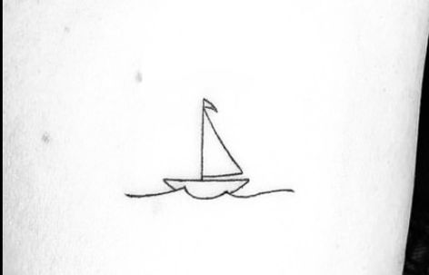 Ship Tattoo Fine Line, Small Sail Boat Tattoo Simple, Sail Boat Tattoo Minimal, Boat Outline Tattoo, Sale Boat Tattoo, Boat Line Tattoo, Small Sailboat Tattoo Simple, Minimal Boat Tattoo, Minimal Ship Tattoo