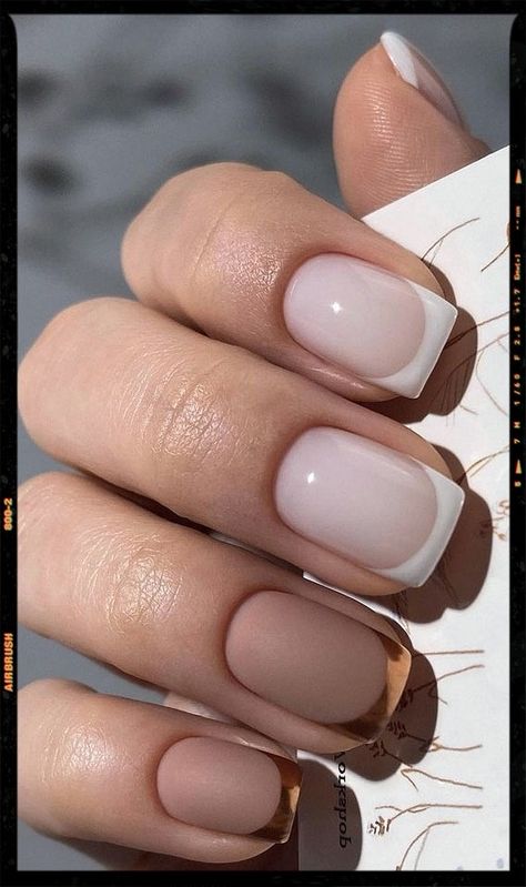 Gold and White French Tip Nails French Nails Neutral, French Polish Nails Classy, Neutral Fall French Tip Nails, Short White On White French Tip Nails, White Nails Gold Tips, Beige French Tip Nails, White On White French Manicure, Nails Gold And White, Modern French Tip Nails