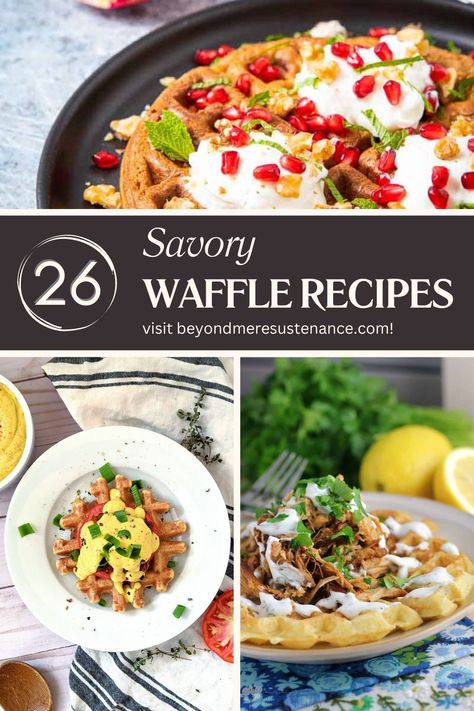 Take your waffle game to the next level with these savory waffle recipes. From pulled chicken to smoked salmon and eggs benedict, these waffles are a creative twist on classic comfort food. #BeyondMereSustenance #WaffleDay #SavoryWaffleRecipes #WaffleRecipes #SavoryBreakfastRecipes #BreakfastForDinner #UniqueWaffles #DinnerWaffles Savory Waffle Batter, Waffle Dinner Recipes, Savoury Waffles Dinners, Savory Waffle Recipe Dinners, Pizza Waffles Recipe, Savoury Waffle Toppings, Recipes With Waffles, Dessert Waffles Recipe, Recipes For Dash Mini Waffle Maker