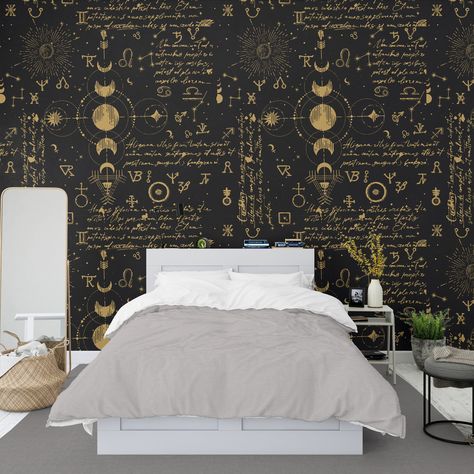 Wallpaper Tray Ceiling, Dark Astrology, Space Themed Wallpaper, Astrology Wallpaper, Wallpaper Moon, Ceiling Murals, Scandi Home, Moon And Sun, Standard Wallpaper