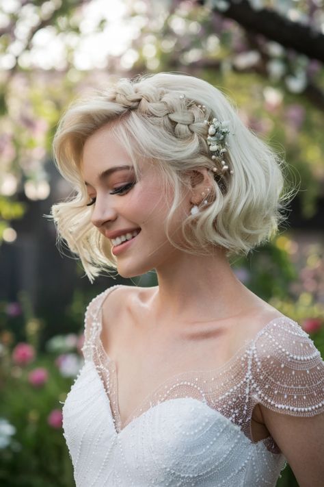 Transform your bridal look with this breathtaking South Indian wedding hairstyle that beautifully blends tradition and elegance. This intricate updo features delicate braids adorned with vibrant flowers and sparkling jewels, making it perfect for your special day. Celebrate the rich heritage of South Indian culture with this stunning bridal style that complements any wedding attire. Discover the magic of wedding hairstyles that leave a lasting impression! #weddinghairstyles Short Blonde Bridal Hair, Medium Hair Bridal Hairstyles, Short Wedding Hairstyle Women, Short Hair Wedding Styles Bob, Bride Hairstyles Short, Wedding Hairstyles Bangs, Short Hair Bridal Styles, Short Hair With Veil, Bride Short Hairstyles