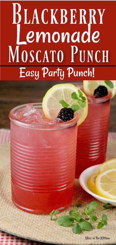 Blackberry Lemonade Moscato Punch is a great alcoholic party punch perfect for celebrations and gatherings with friends. Just a few ingredients in this easy large batch cocktail. #partypunch #cocktails #lemonade Alcoholic Party Punch, Punch Alcohol, Moscato Punch, Party Punch Alcohol, Alcoholic Party, Easy Party Drinks, Easy Party Punch, Blackberry Lemonade, Alcoholic Punch Recipes