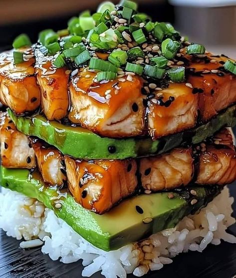 Teriyaki Salmon Avocado Rice Stack, Avocado Rice, Sushi Ingredients, Salmon Avocado, Yummy Meals, Teriyaki Salmon, Fish Recipes Healthy, Food Fantasy, Healthy Food Motivation