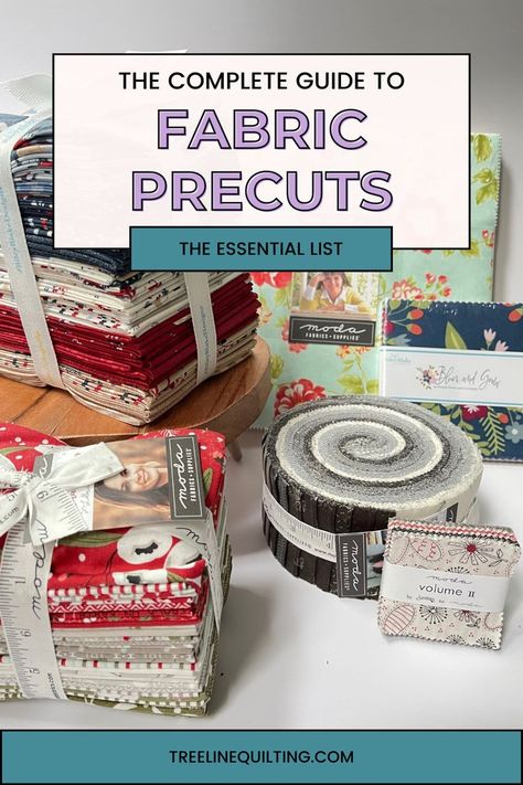 This is the complete guide to fabric precuts for quilting. Includes a free PDF guide to precut fabrics. Precut Fabric Quilt Patterns, Precut Quilt Patterns, Fabric Organization, Precut Fabric Squares, Fabric Guide, Emily Jane, Beginner Quilt, Charm Packs, Moda Fabric