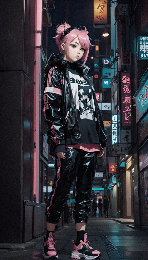 A girl with light pink hair, dressed in techwear clothing, mostly black but with white and pink details. She's wearing techwear sneakers in Tokyo and striking an aesthetic pose. Neon Cyberpunk Aesthetic Outfit, Cyberpunk Outfit Women Neon, Neon Cyberpunk Outfit, Pink Cyberpunk Outfit, Cyberpunk Fashion Neon, Pink Techwear, Cyberpunk Aesthetic Fashion, Cyberpunk Outfit Women, Techwear Art