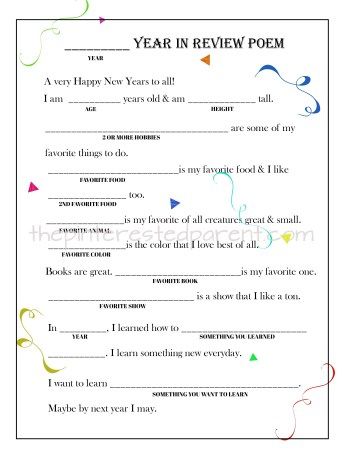 Printable Year In Review Fill-in Poem - fillable questionaire poem for kids for New years New Year Resolution Essay, Poem For Kids, Kids New Years Eve, Review Essay, Fine Motor Activities For Kids, New Years Activities, Writing Journal, New Year's Crafts, Good Year