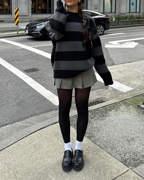 Oak on you <3  @jaccirai Stripped Crewneck Sweater 11337 + Low-Rise Pleated Mini Skirt  #oakandfort Pleated Skirt With Oversized Sweater, Oversized Sweater With Skirt, Skirt With Oversized Sweater, Sweater With Skirt, Baggy Sweaters, Oak And Fort, Fire Fits, Modern Lifestyle, Jewelry And Accessories