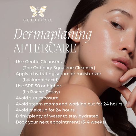 ✨AFTERCARE✨ After dermaplaning, your skin will be sensitive and vulnerable for up to a week. Here are some tips for taking care of your skin after dermaplaning: ✨Cleanse: Use a gentle, non-foaming cleanser to remove any residue. Avoid harsh cleansers and washcloths. ✨Moisturize: Apply a hydrating moisturizer with ingredients like hyaluronic acid, glycerin, or aloe vera. ✨Protect from the sun: Apply a broad-spectrum SPF 30 or higher every day, even indoors. Wear a wide-brimmed hat and... Dermaplaning After Care, Benefits Of Dermaplaning, Derma Planning, Derma Planing, Dermaplaning At Home, Foaming Cleanser, Hydrating Moisturizer, Brimmed Hat, Hydrating Serum