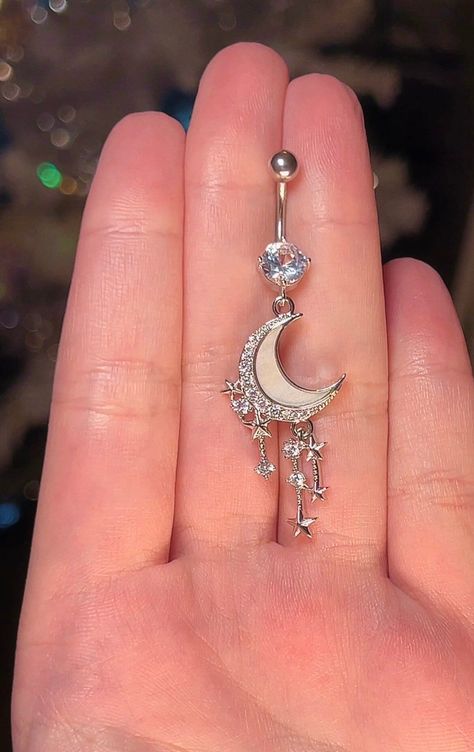 Dangly star and moon belly ring ＤＥＴＡＩＬＳ ♡ 14G standard belly ring size ♡ Silver hardware | clear cubic zirconia, pearlescent-white enamel ♡ Rhodium plated charm ♡ 10MM bar ♡ 316L Stainless steel Cute Belly Rings, Bellybutton Piercings, Dope Jewelry Accessories, Belly Button Piercing Jewelry, Belly Piercing Jewelry, Belly Piercing Ring, Rings Etsy, Belly Button Jewelry, Ring Elegant