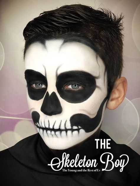 Scary Kids Face Paint, Boys Skeleton Face Paint, Skelton Faces Makeup Kids, Skeleton Makeup For Boys, Skeleton Face Paint Halloween, Skeleton Boy Makeup, Boys Skeleton Makeup, Boy Skull Makeup, Skeleton Makeup Kids Boys