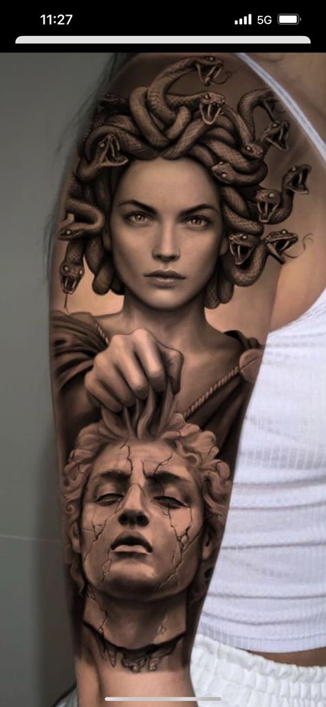 Tattoos That Go With Medusa, Medusa Tattoo Arm Sleeve, Big Medusa Tattoo, Greek Woman Tattoo, Medusa Half Sleeve, Aphrodite Tattoo Design, Versace Tattoo, Emma Tattoo, Tattoo Design Traditional