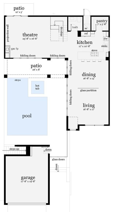 Modern Style House Plan - 4 Beds 2.50 Baths 2592 Sq/Ft Plan #64-190 Floor Plan - Main Floor Plan - Houseplans.com Pool House Floor Plans, U Shaped House Plans, Cypress House, L Shaped House Plans, House Plans 2 Story, L Shaped House, Living Pool, Modern House Floor Plans, Pool House Plans