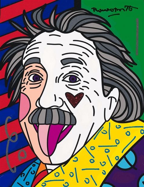 "Einstein Best Always" Mixed-media with acrylic painting oil pen drawing diamond dust and giclee on canvas by Romero Britto.   - Park West Gallery Romero Britto Art, Britto Art, Arte Van Gogh, West Art, Seasons Art, Tableau Art, Certificate Of Authenticity, Art Icon, Art Auction