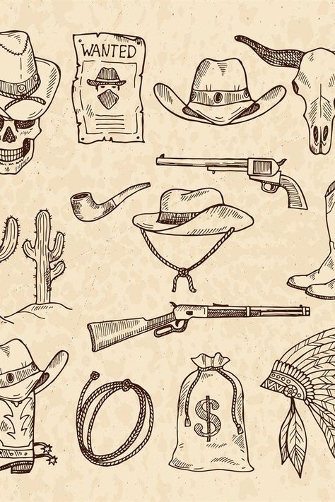 Western symbols. Cowboy guns saloon and other wild west pi Cowboy Tribute Tattoo, Country Style Sleeve Tattoos, Cowboy Finger Tattoo, Western Gunslinger Tattoo, Cowboy Spurs Drawing, Western Tattoo Outline, Western Lightning Bolt Tattoo, Western Flash Art, Cowboy Couple Tattoos