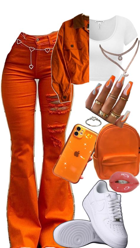 Casual and stylish. Orange Aesthetic Outfits, Orange Outfit Aesthetic, Orange Outfit Ideas, Mode Dope, Cute Nike Outfits, Fasion Outfits, Shoes Outfit Fashion, Orange Outfit